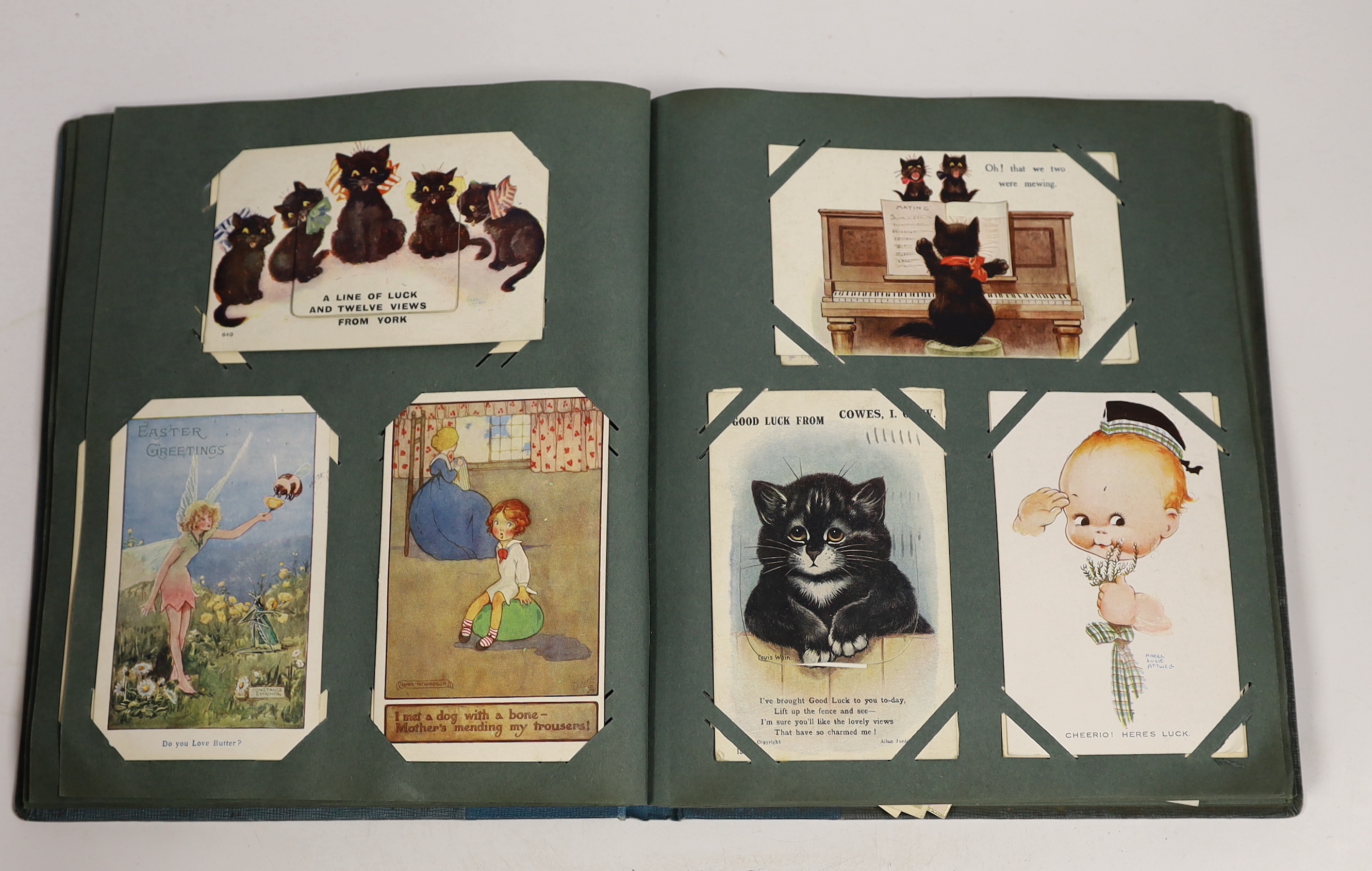 A postcard album containing Edwardian and later postcards relating to Bonzo, Attwell etc